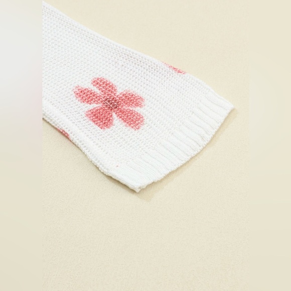 Floral Knit Hooded Sweater - White and Pink - Picture 12 of 16